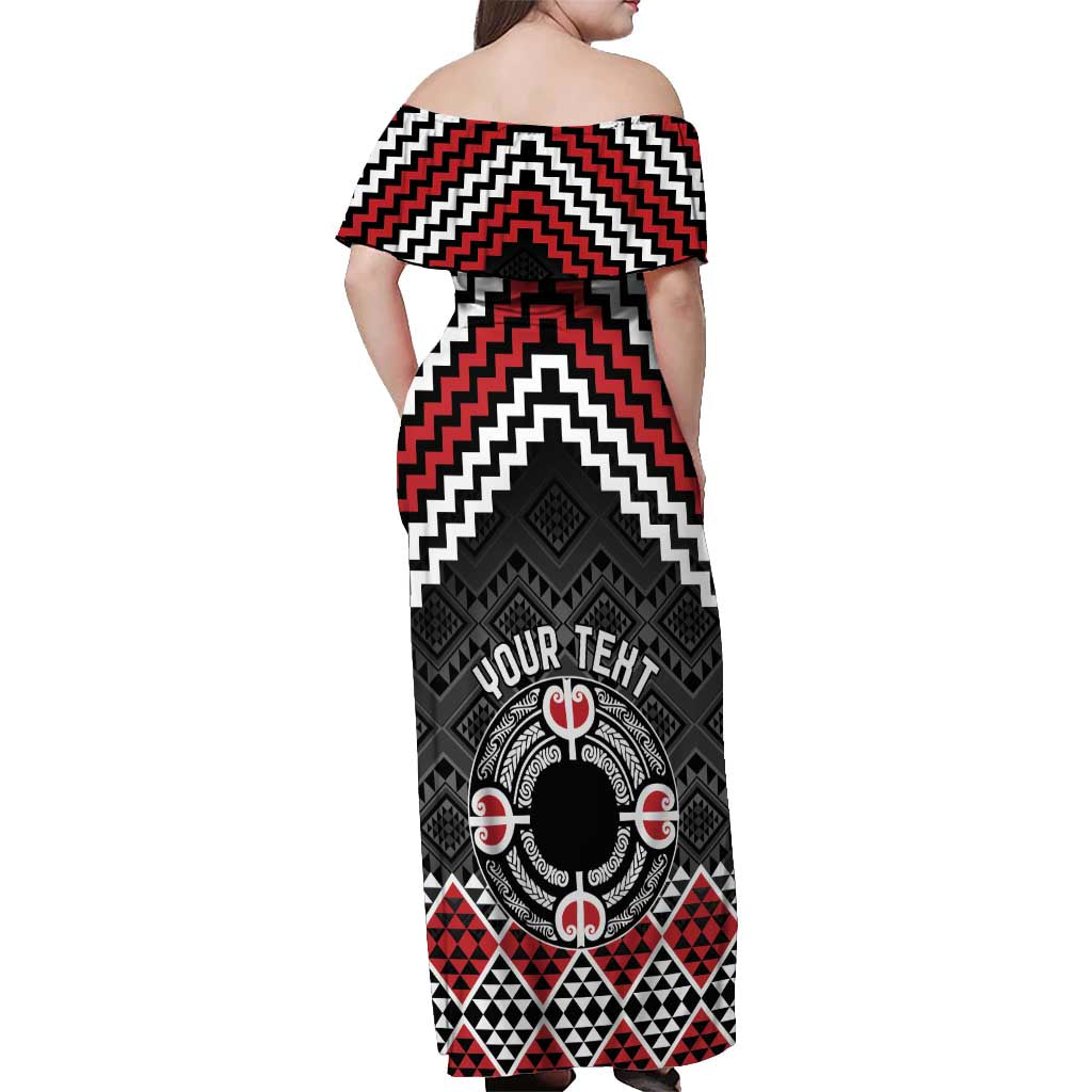 Personalised Aotearoa Niho Taniwha Motif Off Shoulder Maxi Dress Red Style LT9 - Polynesian Pride