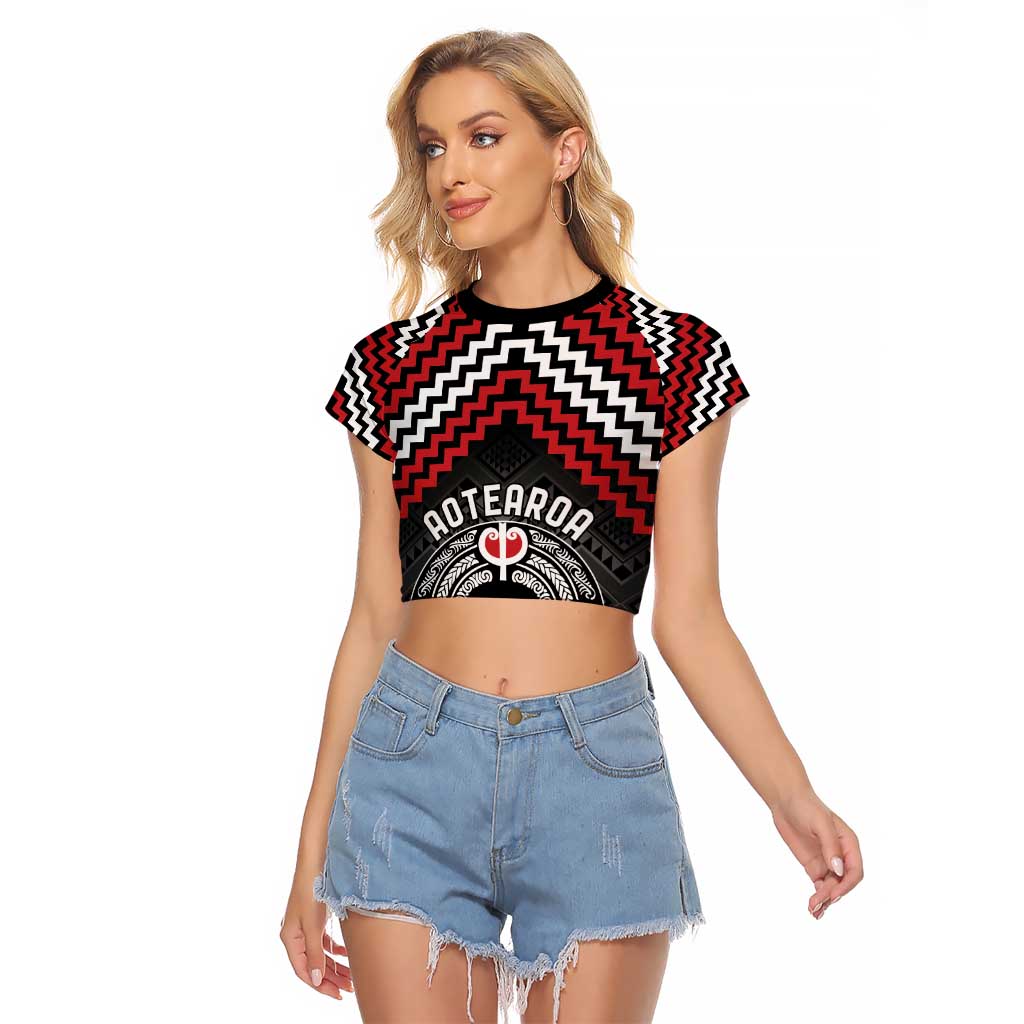 Personalised Aotearoa Niho Taniwha Motif Raglan Cropped T Shirt Red Style LT9 Female Red - Polynesian Pride