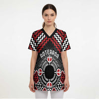 Personalised Aotearoa Niho Taniwha Motif Scrub Top Red Style - Polynesian Pride