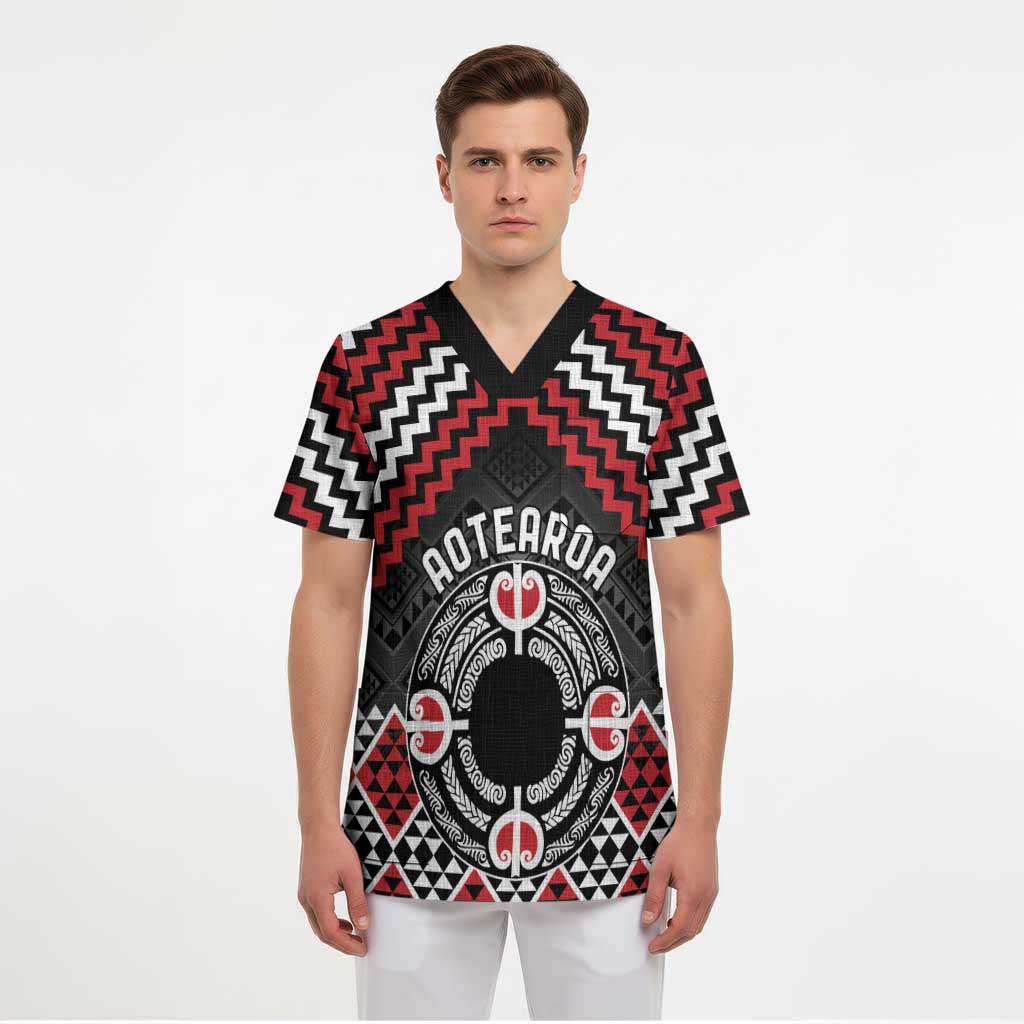 Personalised Aotearoa Niho Taniwha Motif Scrub Top Red Style - Polynesian Pride