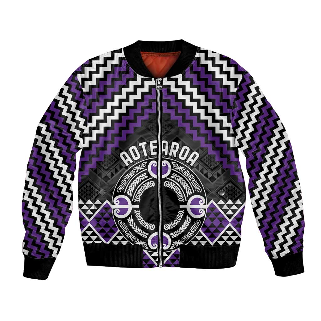 Personalised Aotearoa Niho Taniwha Motif Bomber Jacket Violet Style