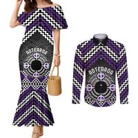 Personalised Aotearoa Niho Taniwha Motif Couples Matching Mermaid Dress and Long Sleeve Button Shirt Violet Style LT9 Violet - Polynesian Pride