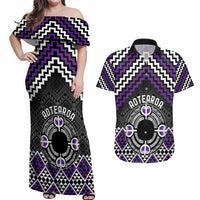 Personalised Aotearoa Niho Taniwha Motif Couples Matching Off Shoulder Maxi Dress and Hawaiian Shirt Violet Style LT9 Violet - Polynesian Pride