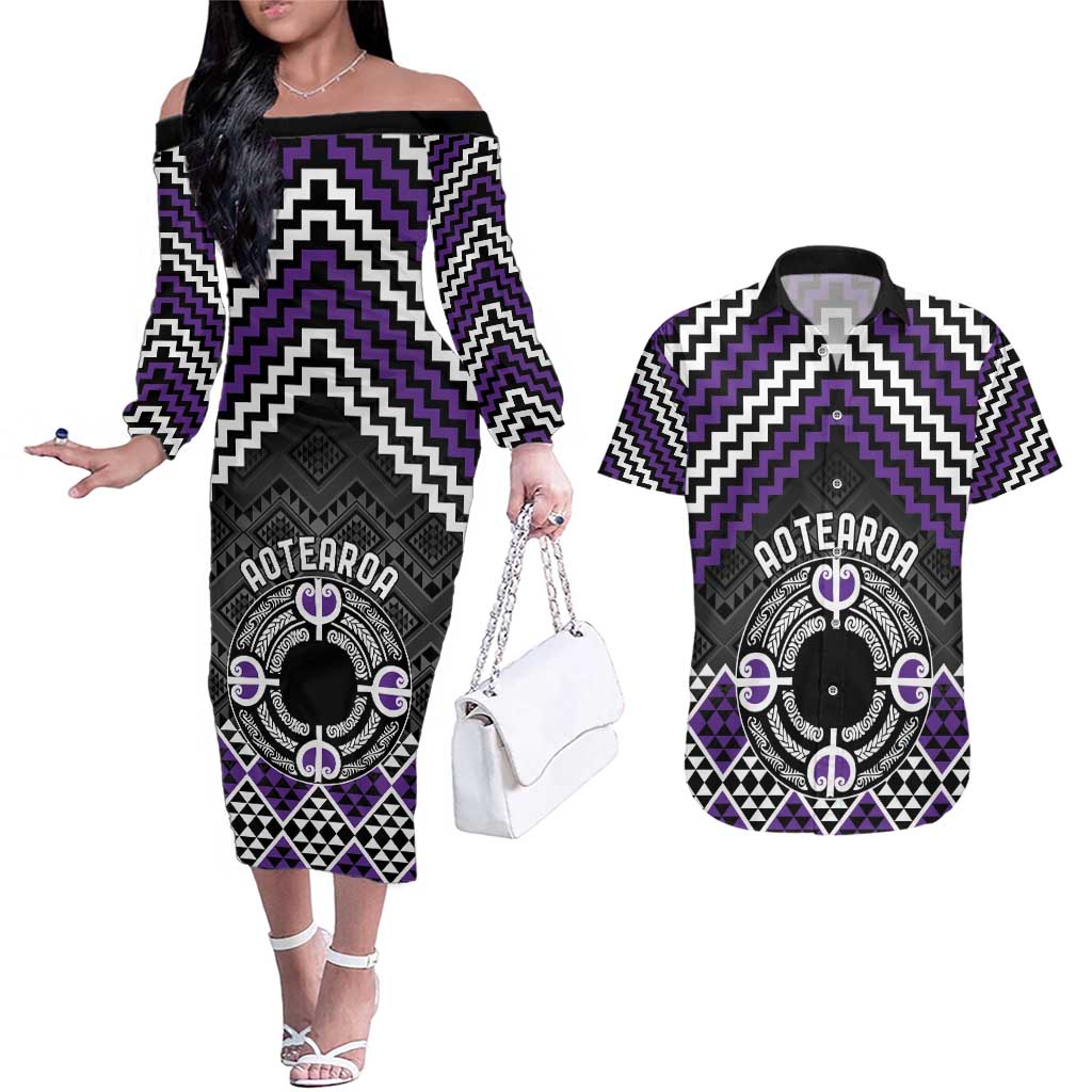 Personalised Aotearoa Niho Taniwha Motif Couples Matching Off The Shoulder Long Sleeve Dress and Hawaiian Shirt Violet Style LT9 Violet - Polynesian Pride