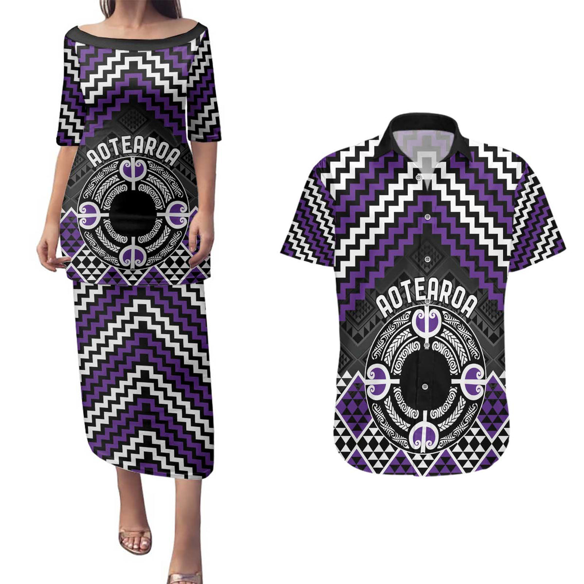Personalised Aotearoa Niho Taniwha Motif Couples Matching Puletasi and Hawaiian Shirt Violet Style LT9 Violet - Polynesian Pride