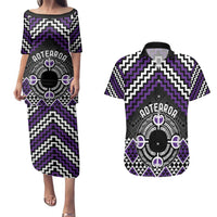 Personalised Aotearoa Niho Taniwha Motif Couples Matching Puletasi and Hawaiian Shirt Violet Style LT9 Violet - Polynesian Pride