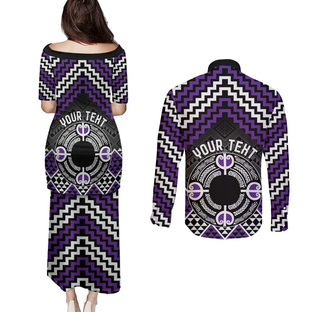Personalised Aotearoa Niho Taniwha Motif Couples Matching Puletasi and Long Sleeve Button Shirt Violet Style LT9 - Polynesian Pride