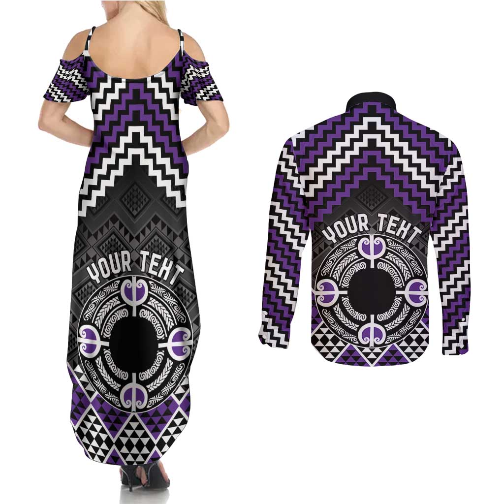 Personalised Aotearoa Niho Taniwha Motif Couples Matching Summer Maxi Dress and Long Sleeve Button Shirt Violet Style LT9 - Polynesian Pride