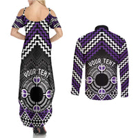 Personalised Aotearoa Niho Taniwha Motif Couples Matching Summer Maxi Dress and Long Sleeve Button Shirt Violet Style LT9 - Polynesian Pride