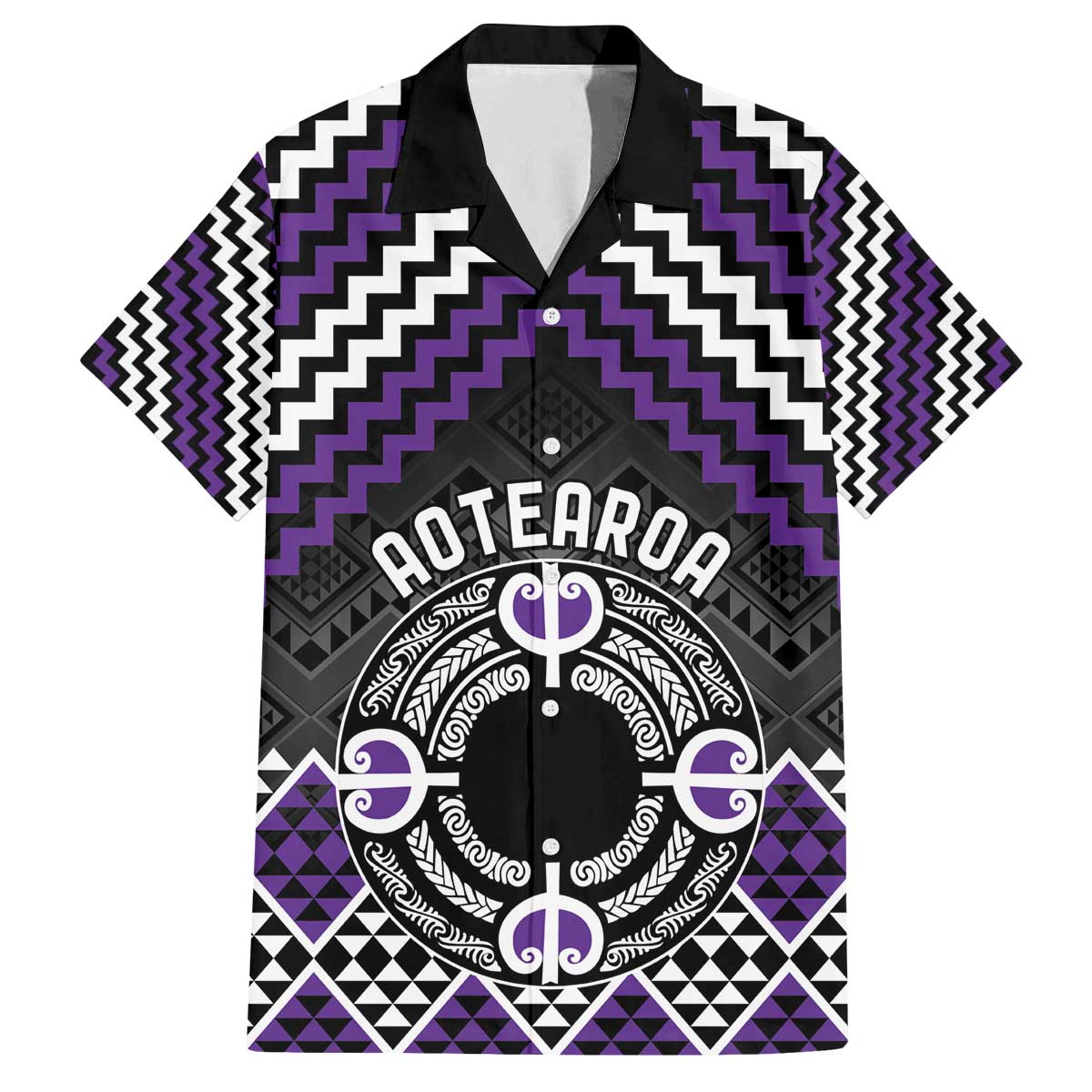 Personalised Aotearoa Niho Taniwha Motif Family Matching Off The Shoulder Long Sleeve Dress and Hawaiian Shirt Violet Style