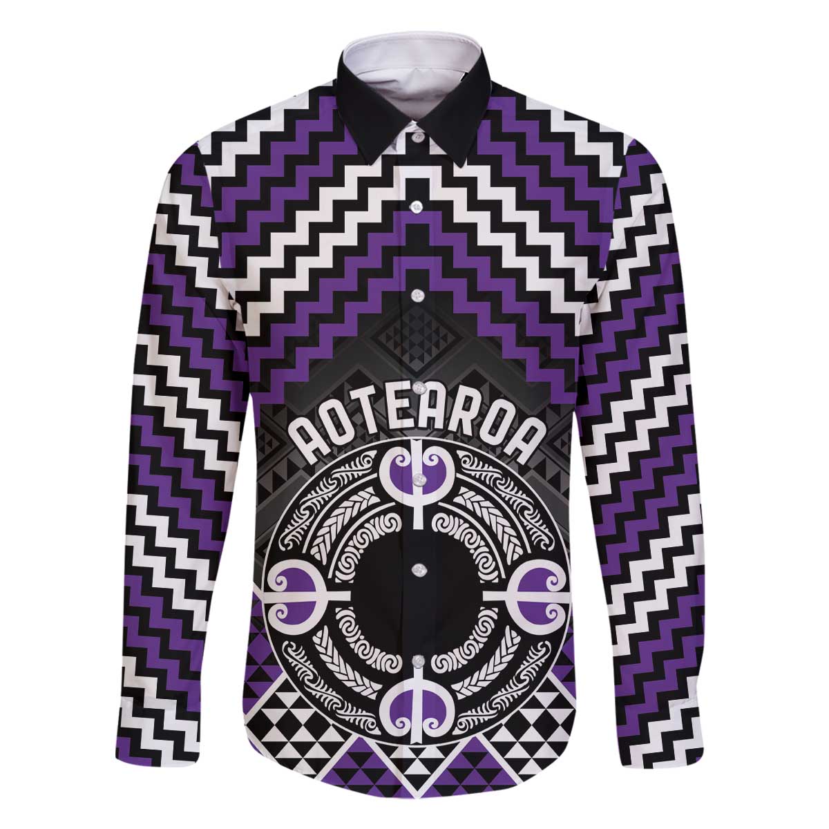 Personalised Aotearoa Niho Taniwha Motif Family Matching Off The Shoulder Long Sleeve Dress and Hawaiian Shirt Violet Style