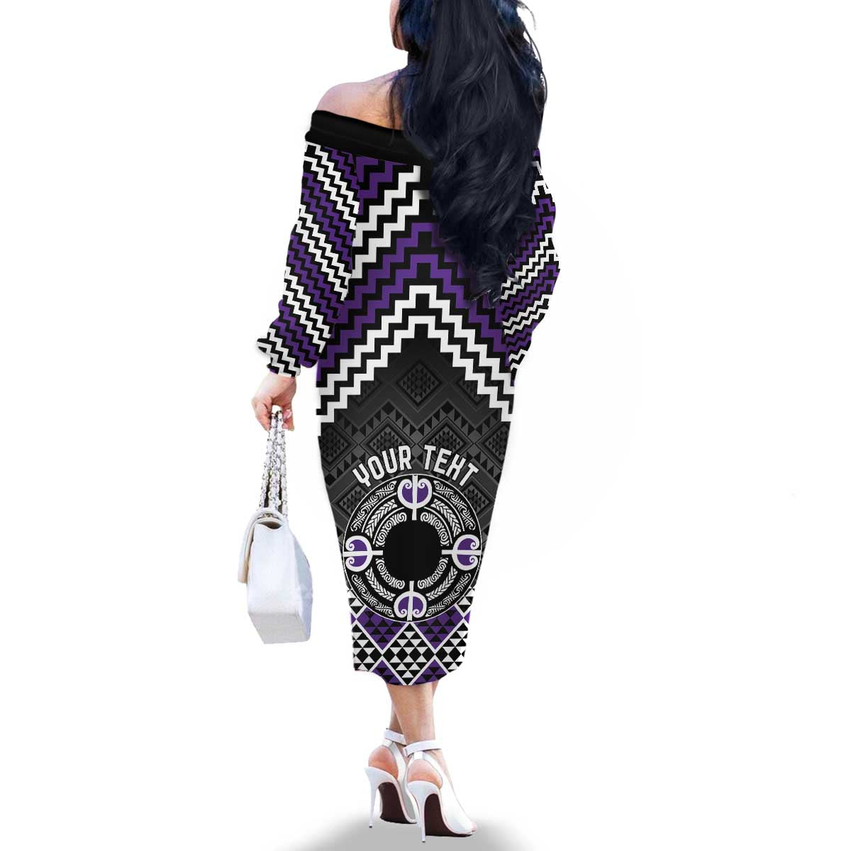 Personalised Aotearoa Niho Taniwha Motif Family Matching Off The Shoulder Long Sleeve Dress and Hawaiian Shirt Violet Style