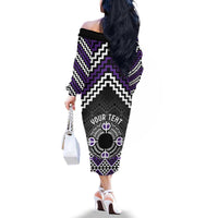 Personalised Aotearoa Niho Taniwha Motif Family Matching Off The Shoulder Long Sleeve Dress and Hawaiian Shirt Violet Style