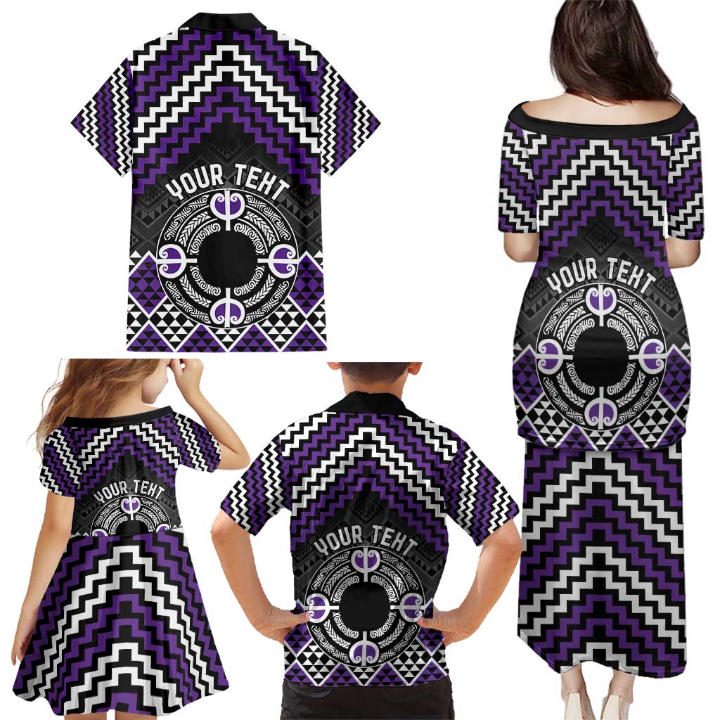 Personalised Aotearoa Niho Taniwha Motif Family Matching Puletasi and Hawaiian Shirt Violet Style