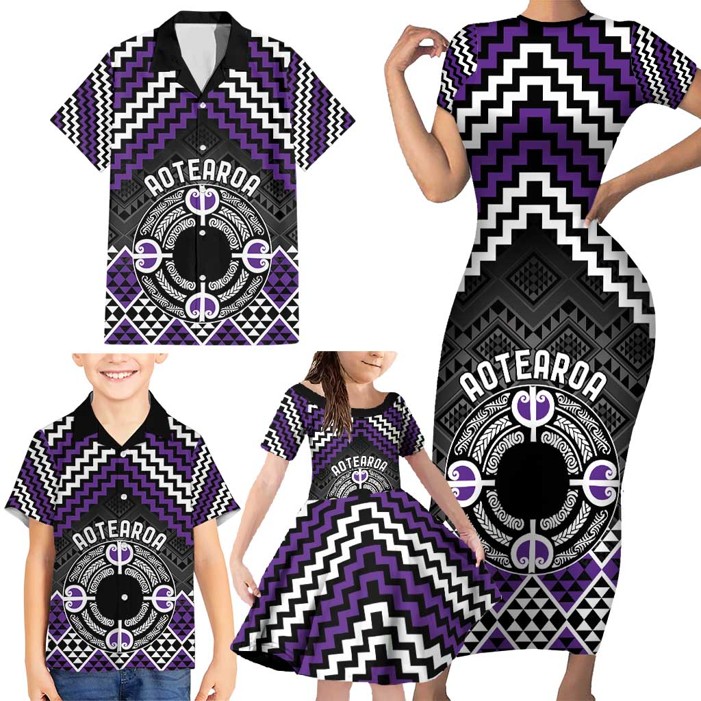 Personalised Aotearoa Niho Taniwha Motif Family Matching Short Sleeve Bodycon Dress and Hawaiian Shirt Violet Style