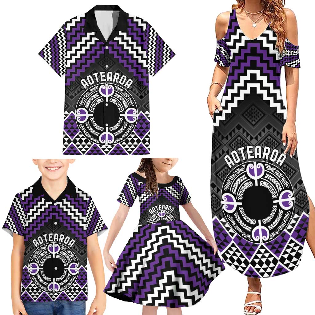 Personalised Aotearoa Niho Taniwha Motif Family Matching Summer Maxi Dress and Hawaiian Shirt Violet Style