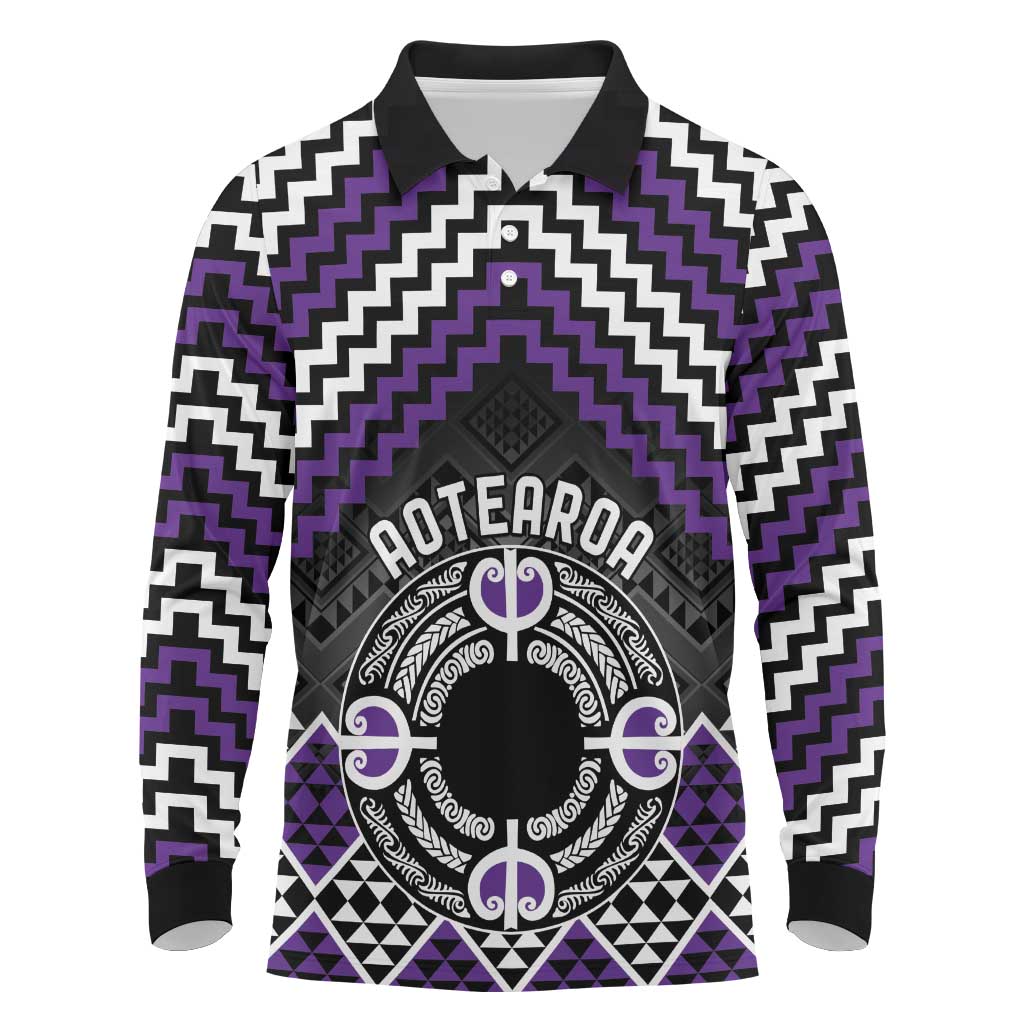 Personalised Aotearoa Niho Taniwha Motif Long Sleeve Polo Shirt Violet Style