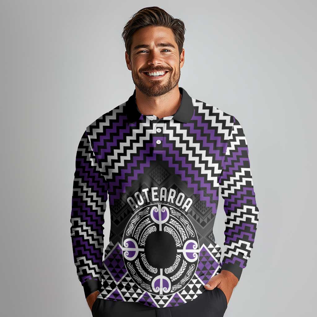 Personalised Aotearoa Niho Taniwha Motif Long Sleeve Polo Shirt Violet Style