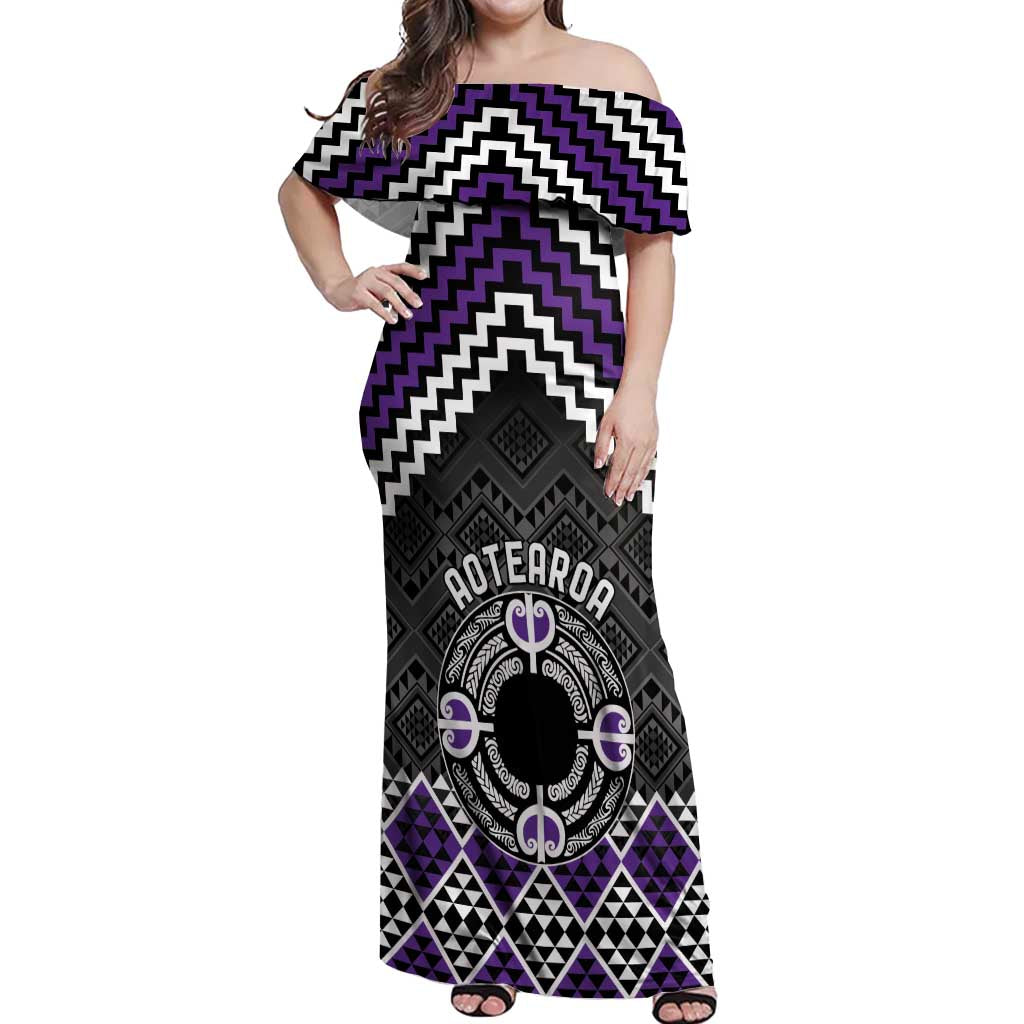 Personalised Aotearoa Niho Taniwha Motif Off Shoulder Maxi Dress Violet Style LT9 Women Violet - Polynesian Pride