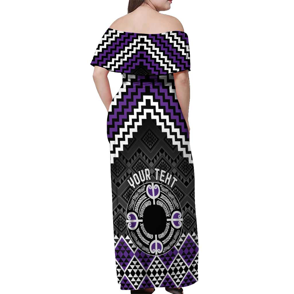 Personalised Aotearoa Niho Taniwha Motif Off Shoulder Maxi Dress Violet Style LT9 - Polynesian Pride