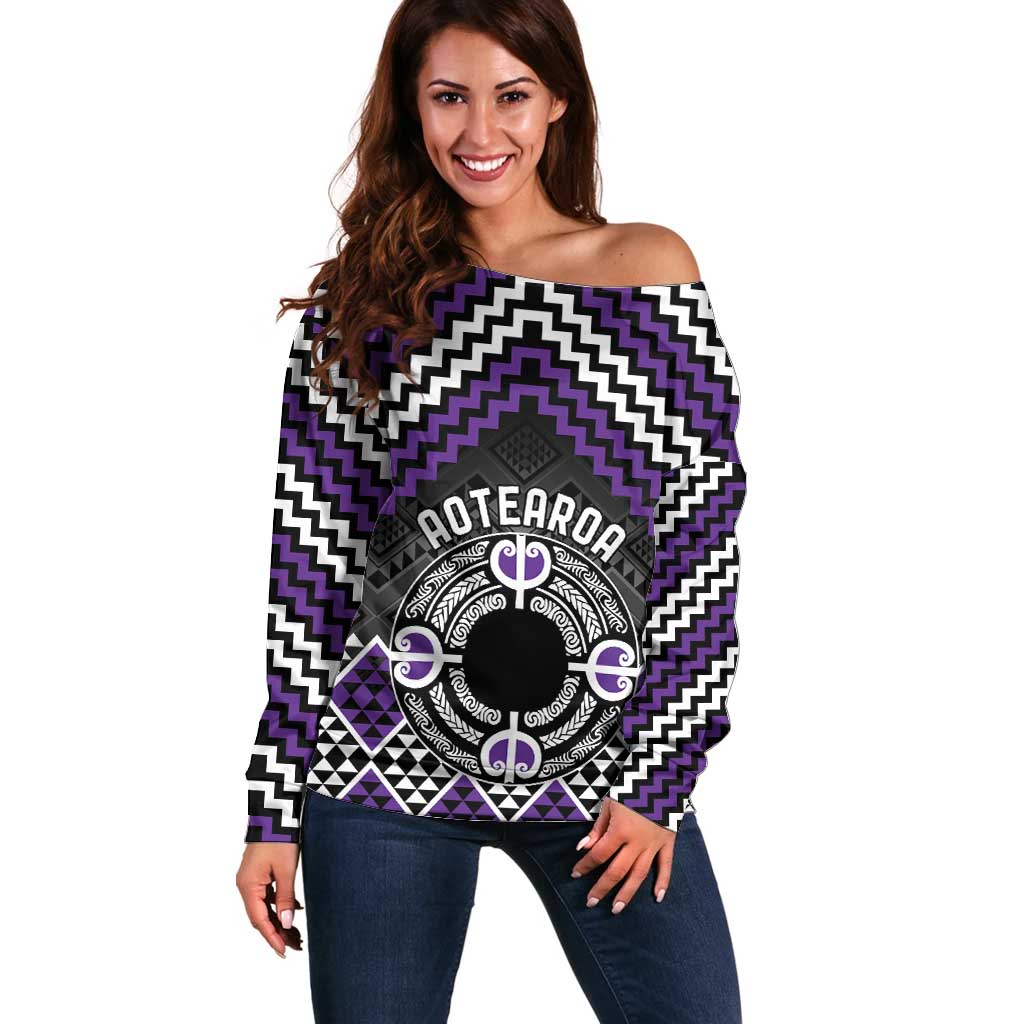 Personalised Aotearoa Niho Taniwha Motif Off Shoulder Sweater Violet Style
