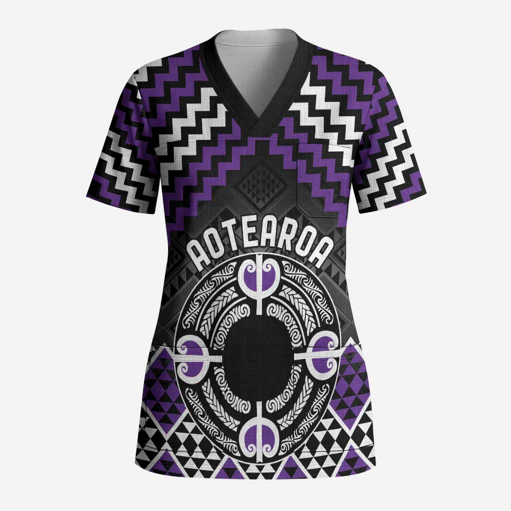 Personalised Aotearoa Niho Taniwha Motif Scrub Top Violet Style - Polynesian Pride