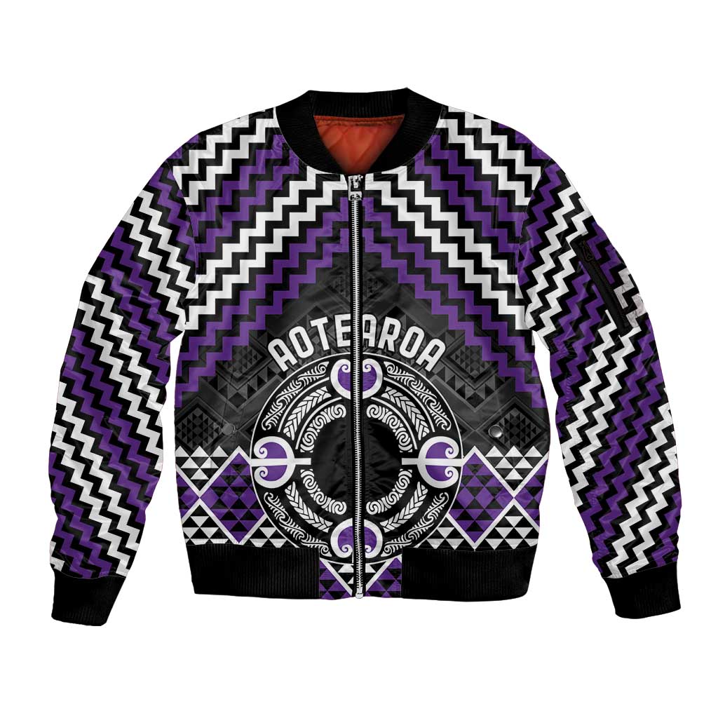 Personalised Aotearoa Niho Taniwha Motif Sleeve Zip Bomber Jacket Violet Style