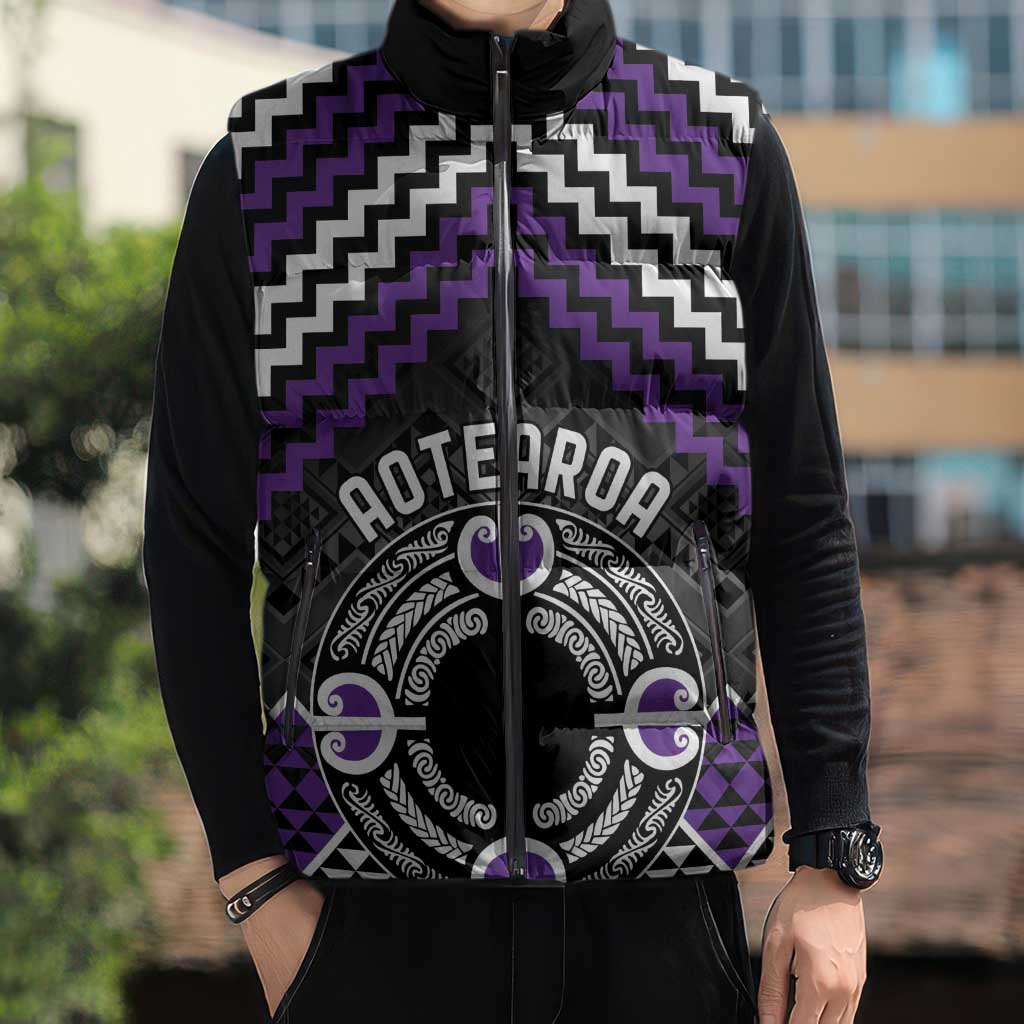 Personalised Aotearoa Niho Taniwha Motif Sleeveless Puffer Jacket Violet Style - Polynesian Pride