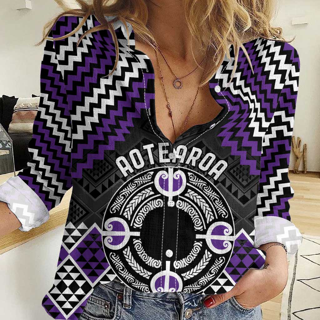 Personalised Aotearoa Niho Taniwha Motif Women Casual Shirt Violet Style