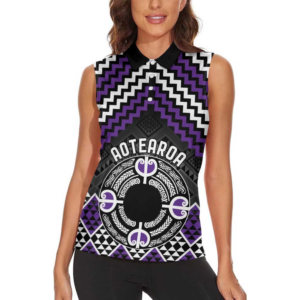 Personalised Aotearoa Niho Taniwha Motif Women Sleeveless Polo Shirt Violet Style