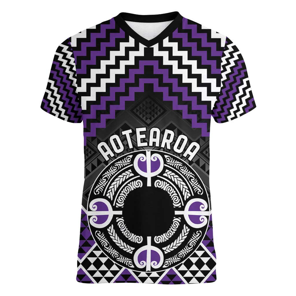 Personalised Aotearoa Niho Taniwha Motif Women V-Neck T-Shirt Violet Style LT9 Female Violet - Polynesian Pride