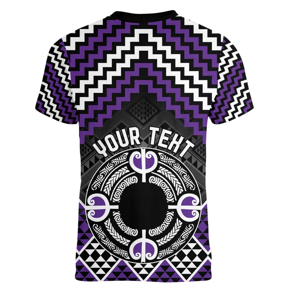 Personalised Aotearoa Niho Taniwha Motif Women V-Neck T-Shirt Violet Style LT9 - Polynesian Pride