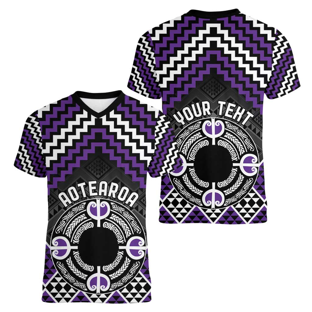 Personalised Aotearoa Niho Taniwha Motif Women V-Neck T-Shirt Violet Style LT9 - Polynesian Pride