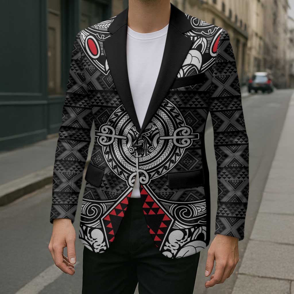 Black Aotearoa Taniko Motif Blazer Vintage Maori New Zealand Tribal Art Pattern - Polynesian Pride