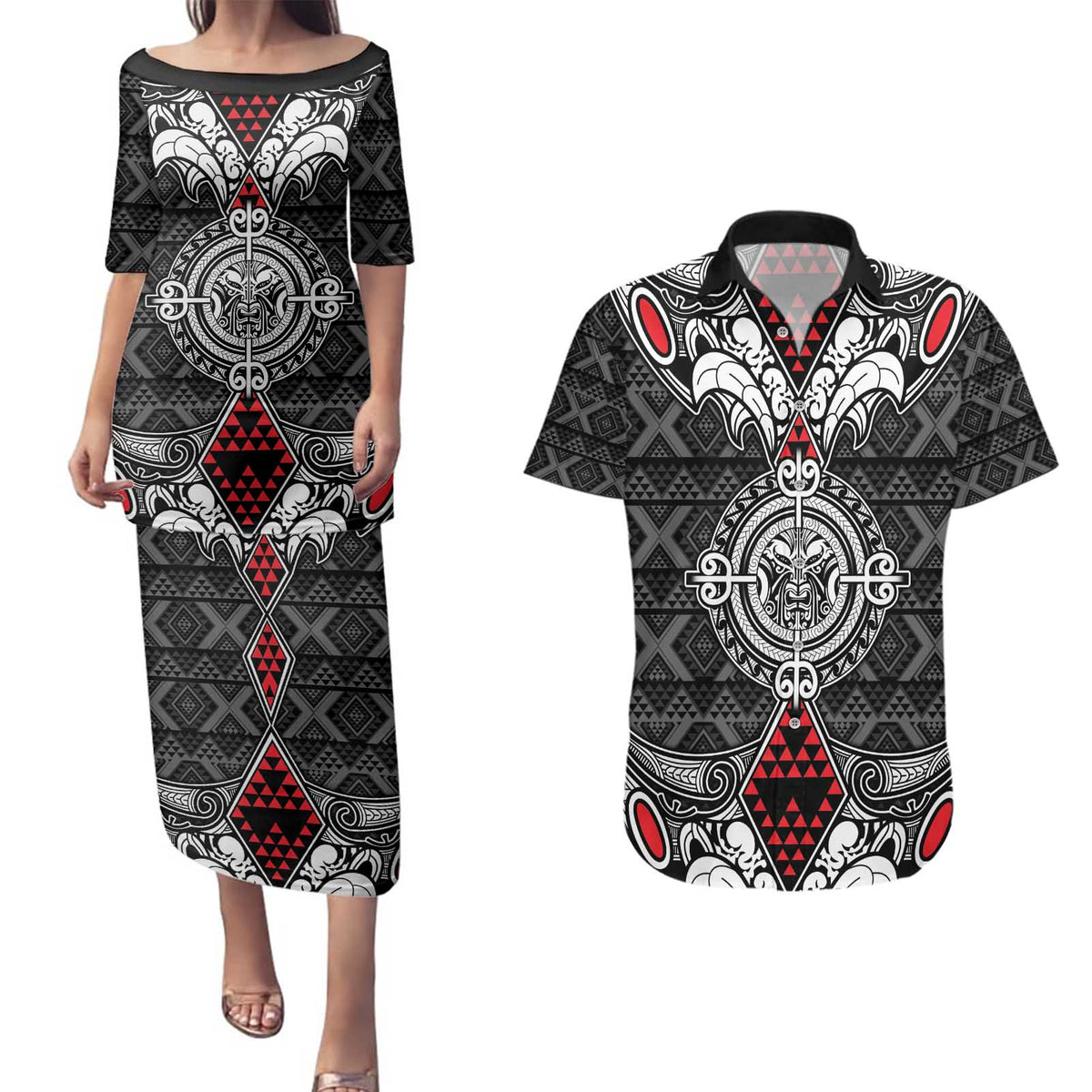 Black Aotearoa Tanilo Motif Couples Matching Puletasi and Hawaiian Shirt Vintage Maori New Zealand Tribal Art Pattern