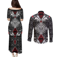 Black Aotearoa Tanilo Motif Couples Matching Puletasi and Long Sleeve Button Shirt Vintage Maori New Zealand Tribal Art Pattern