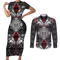 Black Aotearoa Tanilo Motif Couples Matching Short Sleeve Bodycon Dress and Long Sleeve Button Shirt Vintage Maori New Zealand Tribal Art Pattern