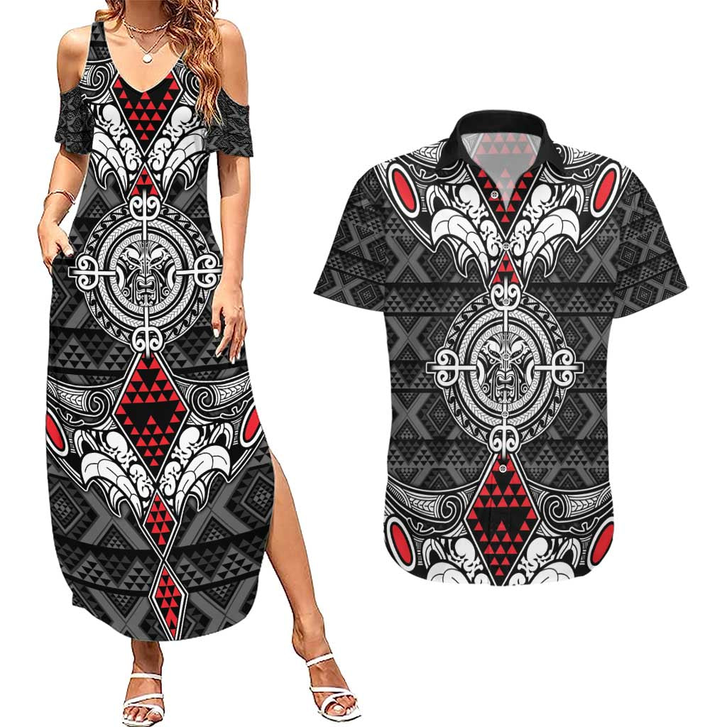 Black Aotearoa Tanilo Motif Couples Matching Summer Maxi Dress and Hawaiian Shirt Vintage Maori New Zealand Tribal Art Pattern LT9 Black - Polynesian Pride