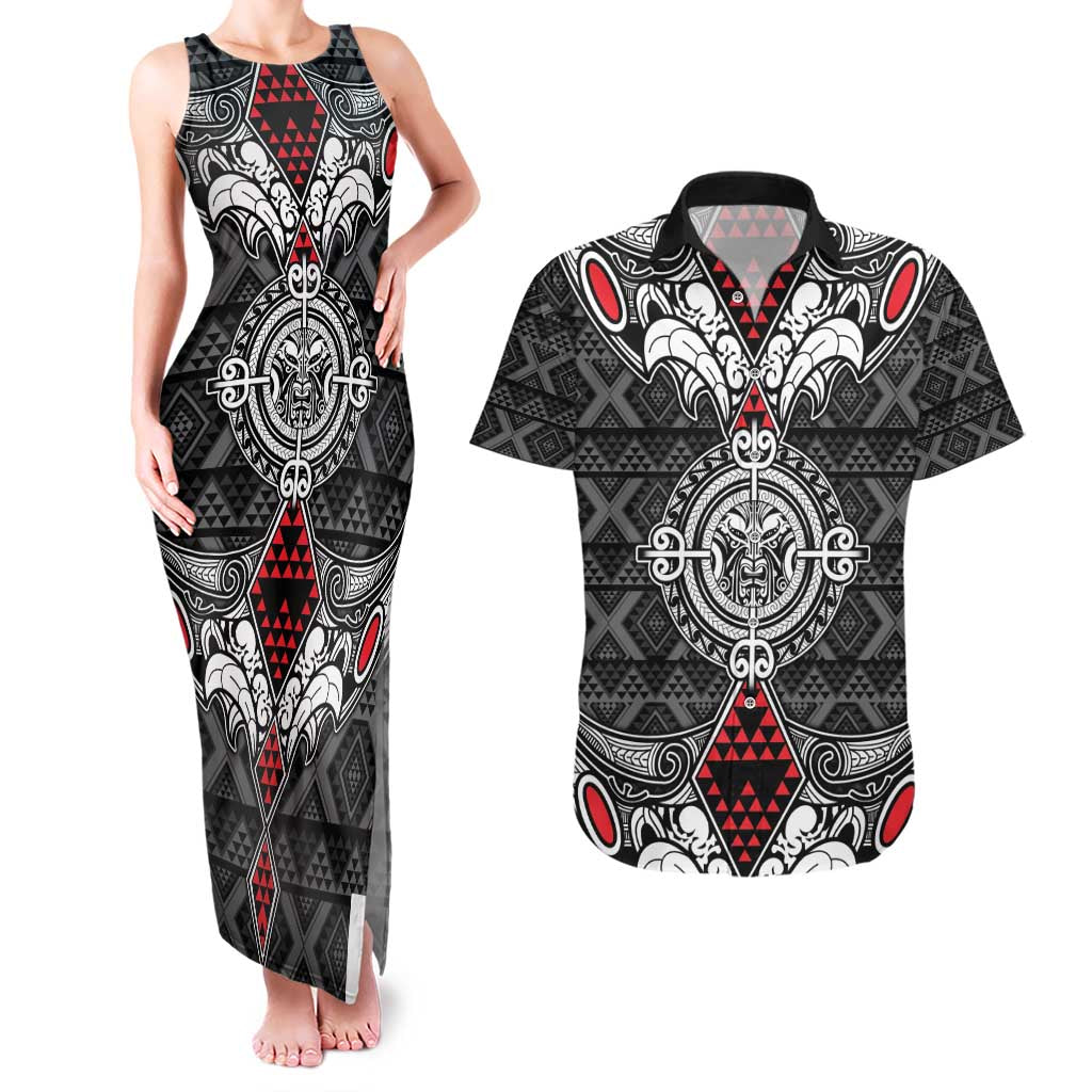 Black Aotearoa Tanilo Motif Couples Matching Tank Maxi Dress and Hawaiian Shirt Vintage Maori New Zealand Tribal Art Pattern LT9 Black - Polynesian Pride