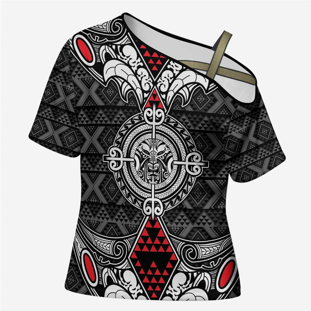 Black Aotearoa Taniko Motif Cross Shoulder Shirt Vintage Maori New Zealand Tribal Art Pattern - Polynesian Pride