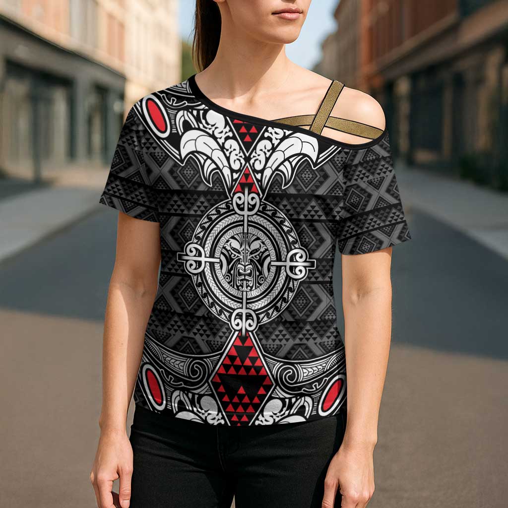 Black Aotearoa Taniko Motif Cross Shoulder Shirt Vintage Maori New Zealand Tribal Art Pattern - Polynesian Pride