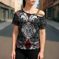 Black Aotearoa Taniko Motif Cross Shoulder Shirt Vintage Maori New Zealand Tribal Art Pattern - Polynesian Pride