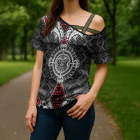 Black Aotearoa Taniko Motif Cross Shoulder Shirt Vintage Maori New Zealand Tribal Art Pattern - Polynesian Pride