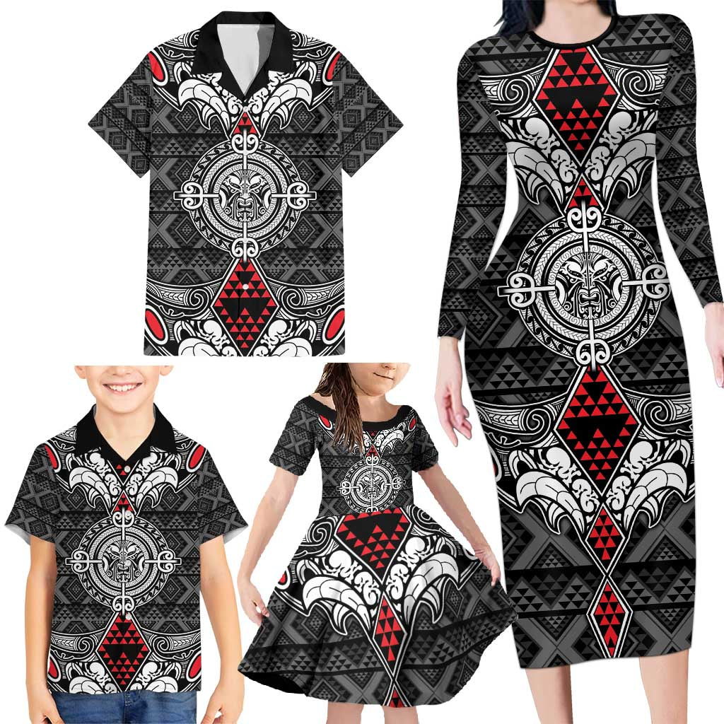 Black Aotearoa Tanilo Motif Family Matching Long Sleeve Bodycon Dress and Hawaiian Shirt Vintage Maori New Zealand Tribal Art Pattern