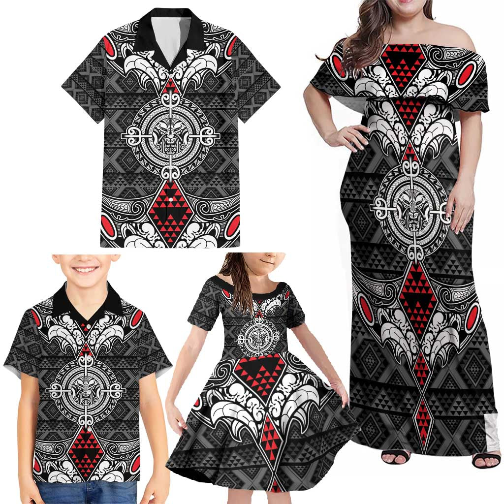 Black Aotearoa Tanilo Motif Family Matching Off Shoulder Maxi Dress and Hawaiian Shirt Vintage Maori New Zealand Tribal Art Pattern