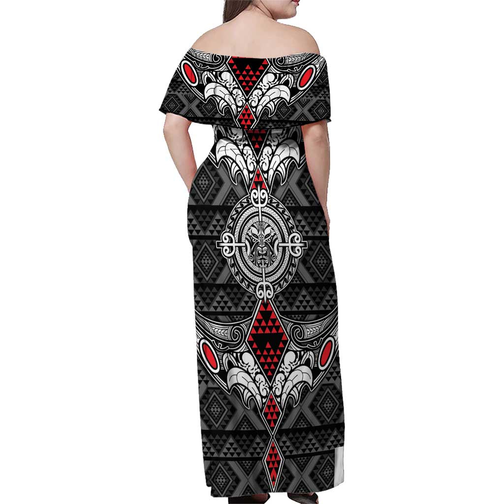 Black Aotearoa Tanilo Motif Family Matching Off Shoulder Maxi Dress and Hawaiian Shirt Vintage Maori New Zealand Tribal Art Pattern