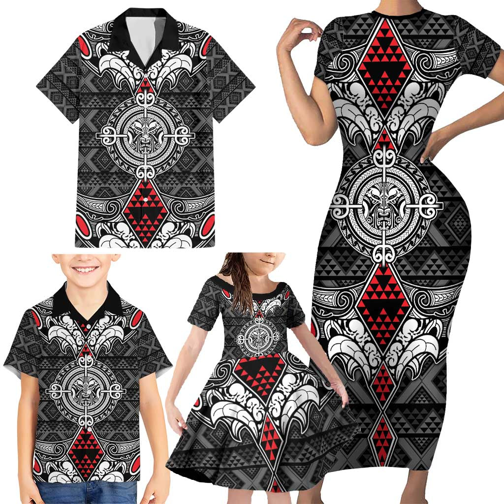 Black Aotearoa Tanilo Motif Family Matching Short Sleeve Bodycon Dress and Hawaiian Shirt Vintage Maori New Zealand Tribal Art Pattern