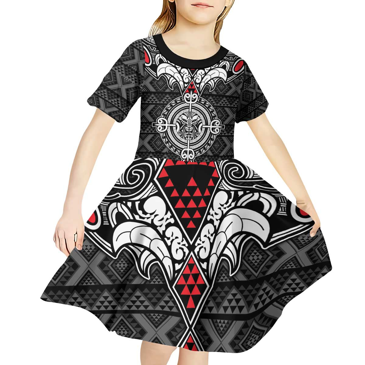 Black Aotearoa Tanilo Motif Kid Short Sleeve Dress Vintage Maori New Zealand Tribal Art Pattern