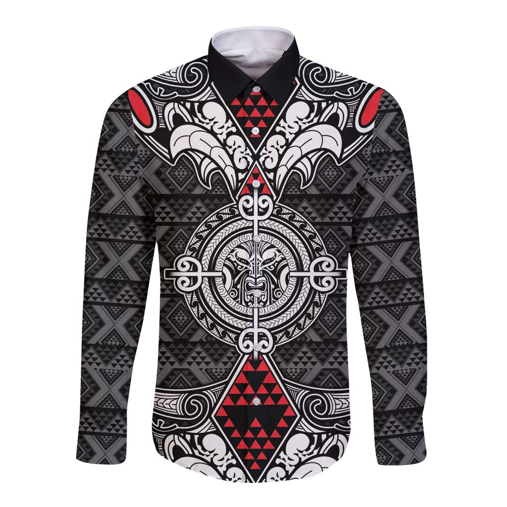 Black Aotearoa Tanilo Motif Long Sleeve Button Shirt Vintage Maori New Zealand Tribal Art Pattern LT9 Unisex Black - Polynesian Pride