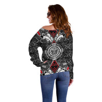 Black Aotearoa Tanilo Motif Off Shoulder Sweater Vintage Maori New Zealand Tribal Art Pattern